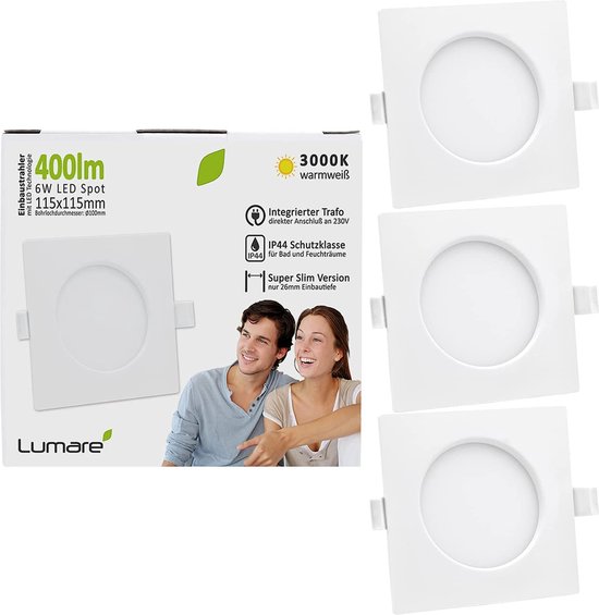 Lumare 3x LED inbouwspot 6W IP44 extra plat 230V ook voor badkamer en natte ruimte wit slechts 26mm inbouwdiepte Slanke plafondspot vierkant met geïntegreerde 400lm LED lamp