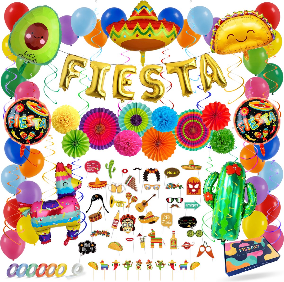 Fissaly 71 Stuks Mexican Fiesta Feest Versiering – Pinata, Sombrero & Catcus Decoratie Ballonnen – Fiestas Verjaardag Feestje - Fissaly