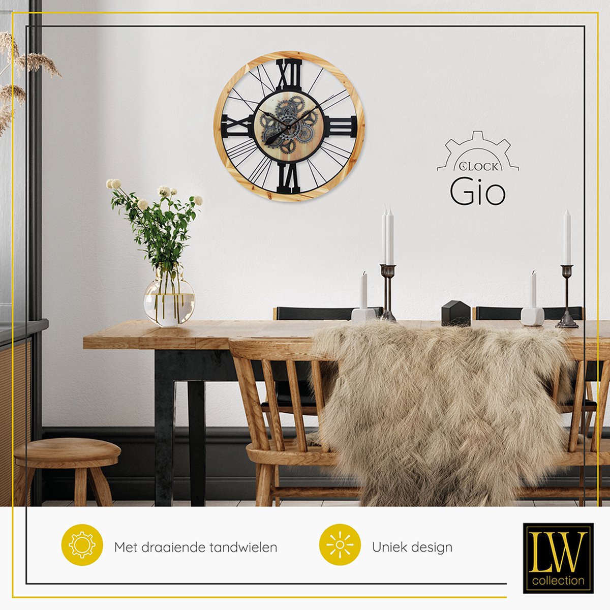 LW Collection wandklok met draaiende tandwielen bruin zwart 80cm met glasplaat - Radar wandklok - wandklok met bewegende wandwielen — cadeau in Wonen & Interieur - foto 5