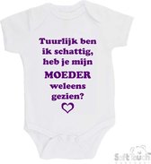 100% katoenen Romper "Tuurlijk ben ik schattig, heb je mijn moeder weleens gezien?" Meisjes Katoen Wit/paars Maat 62/68