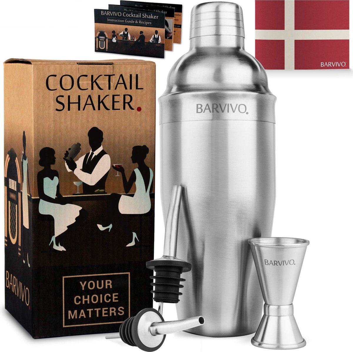 BARVIVO Set shaker à cocktail professionnel avec double doseur et deux becs  verseurs
