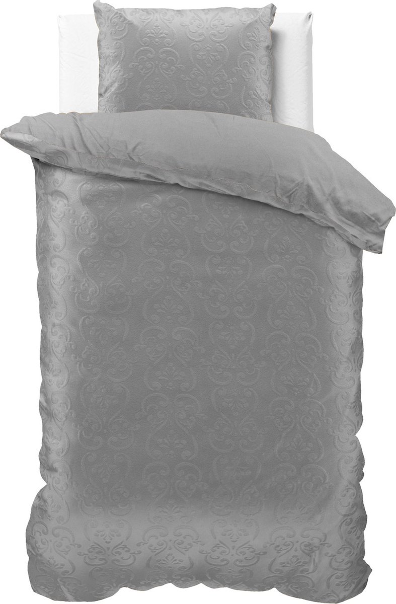 Fluweel zachte velvet dekbedovertrek embossed grijs - eenpersoons (140x200/220) - luxe uitstraling - handige drukknopsluiting