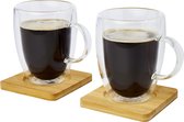 Seasons dubbelwandige koffieglazen 350 ml - set van 2x stuks - met bamboe onderzetters - Espresso glazen