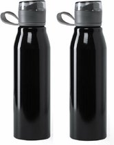 Aluminium waterfles/drinkfles/bidon/sportfles - 2x - metallic zwart - met schroefdop - 700 ml