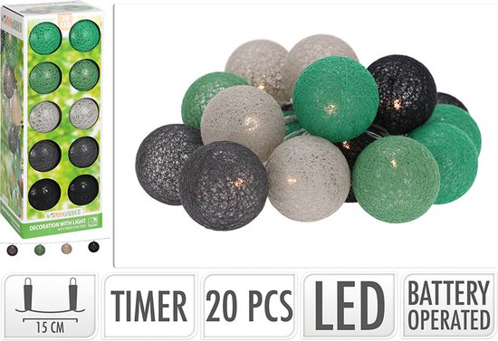 Decoratieslinger verlicht - 20 LED Lampionnen van Katoen - met Timer - Groen