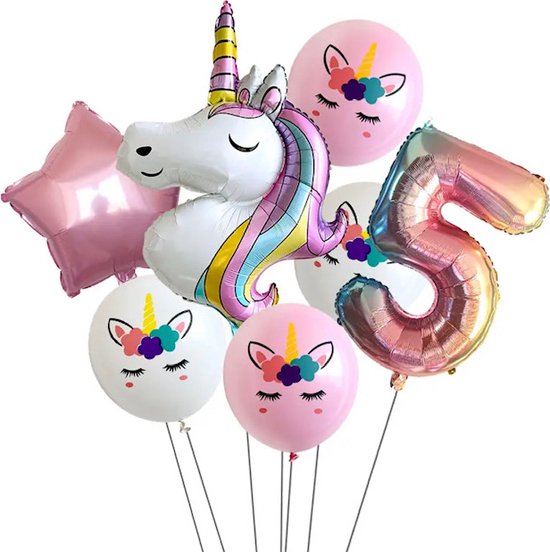 Unicorn Ballonnen Set - 5 Jaar - 7 Stuks - Kinder Verjaardag - Thema Feest Unicorn - Eenhorn Kinderfeestje - Feestversiering / Verjaardag Ballonnen - Eenhoorn / Paarden - Meisjes Versiering - Roze Ballonnen Verjaardag - Witte ballonnen - Helium