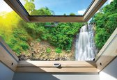 Fotobehang - Vlies Behang - 3D Uitzicht op de Waterval en de Berg vanuit het Dakraam - 368 x 254 cm