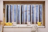 Fotobehang - Vlies Behang - 3D - Uitzicht het Bos met de Mist vanuit het Raam - 368 x 254 cm