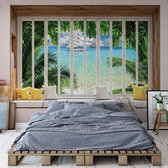 Fotobehang - Vlies Behang - 3D - Uitzicht op de Tropische Zee en het Strand vanuit het Raam - 152,5 x 104 cm