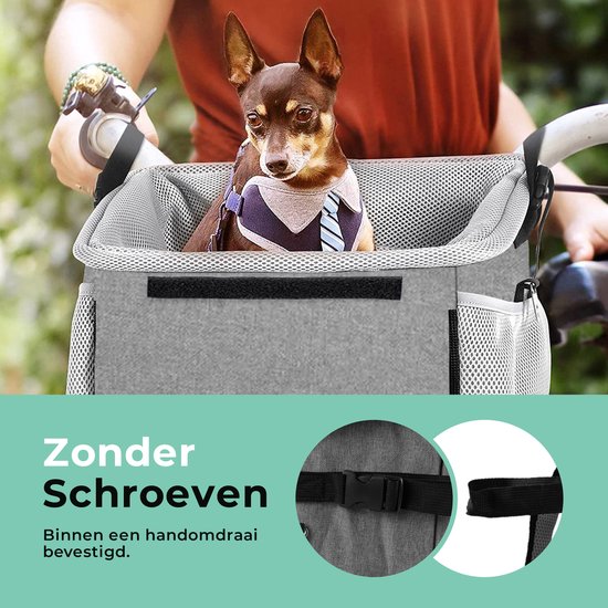 Grijze fietsmand voorop een fiets met een kleine bruine hond met overhemd. "Zonder Schroeven Binnen een handomdraai bevestigd."