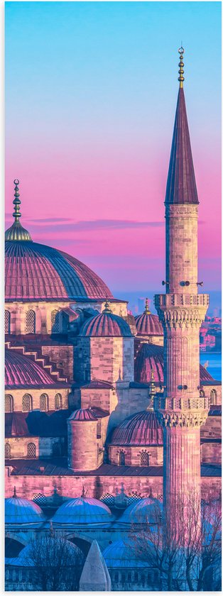 Poster Glanzend – Sultan Ahmetmoskee in Istanbul met Roze Blauwe Lucht - 20x60 cm Foto op Posterpapier met Glanzende Afwerking