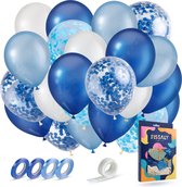 Fissaly 40 Ballons Hélium Bleus, Blancs & Bleu Foncé avec Ruban - Décoration de Fête d'Anniversaire - Confettis en Papier - Latex
