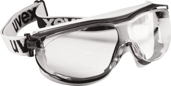 Uvex carbonvision veiligheidsbril met heldere lenzen en donkergrijze rand. Witte band met Uvex logo.