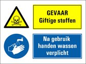 Panneau danger de substances toxiques, lavage des mains obligatoire après utilisation 600 x 450 mm - dibond avec trous percés