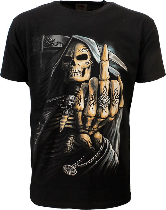 Grim Reaper Tribal Middelvinger T-Shirt Zwart - Origineel Design - XXL