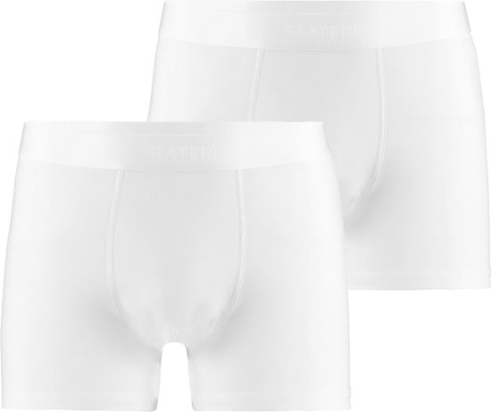 Twee witte Slater boxershorts met witte elastische taillebanden met merknaam.