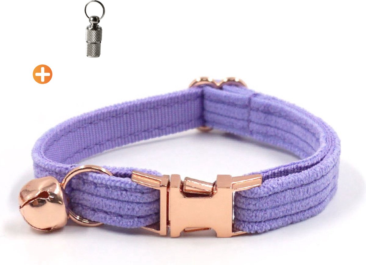 ACE Pets Kattenhalsband met belletje – Halsband Kat & Kitten - Kittenhalsband & Kattenbandje - Kattenbelletje - Pluche velvet - Corduroy paars