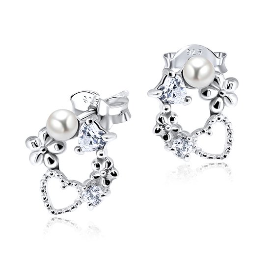 Joy|S - Zilveren elegante hartjes oorbellen - parel - bloemetjes - oorknoppen met kristal