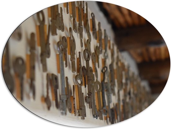 Dibond Ovaal - Close-up van Sleutels aan de Muur - 80x60 cm Foto op Ovaal (Met Ophangsysteem)