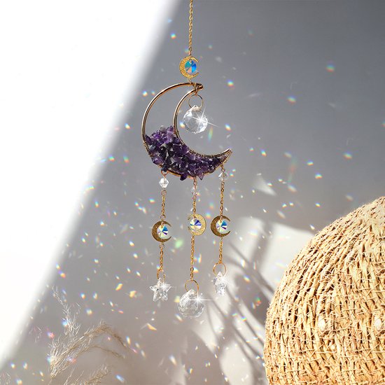 Crystal Moon Suncatcher Paars - Amethist - Maan Zonnevanger - Magisch - Gemstone - Edelsteen - Spiritueel - Raamdecoratie