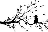 kattenliefde dierenvriend autosticker raamsticker muursticker laptopsticker zwart kat op boom vogels 11x17cm