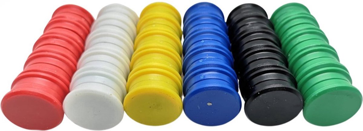60 stuks sterke ronde whiteboard magneten set, deze memo magneetjes zijn gekleurd in zes opvallende kleuren rood, wit, blauw, groen, geel en zwart - Lowbudget tools