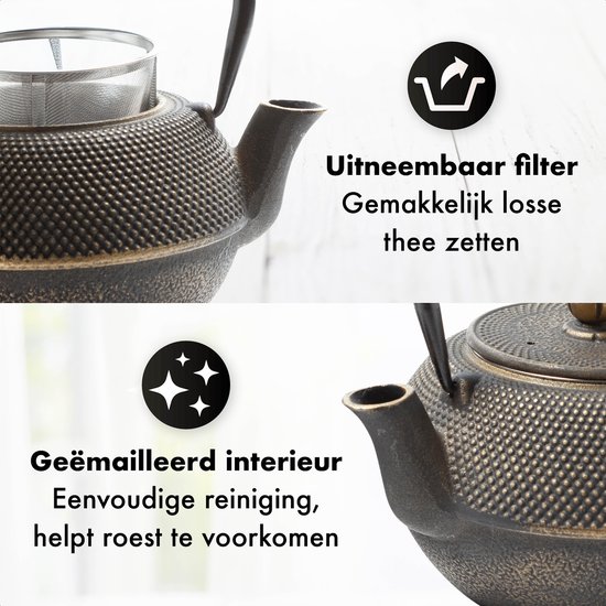 Tealøv THEE SET 1,1 LITER GIETIJZER | COMPLETE SET IN GESCHENKDOOS Gietijzeren Theepot Met Roestvrijstalen Zeef Gietijzeren Theekopjes En Onderzetter In Authentiek Japanse Stijl Arare Zwart