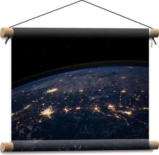 Textielposter - Uitzicht vanuit Heelal op Lichtjes op Aarde - 40x30 cm Foto op Textiel