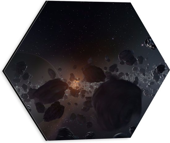 Dibond Hexagon - Meteorieten Vliegend door het Heelal - 30x26.1 cm Foto op Hexagon (Met Ophangsysteem)