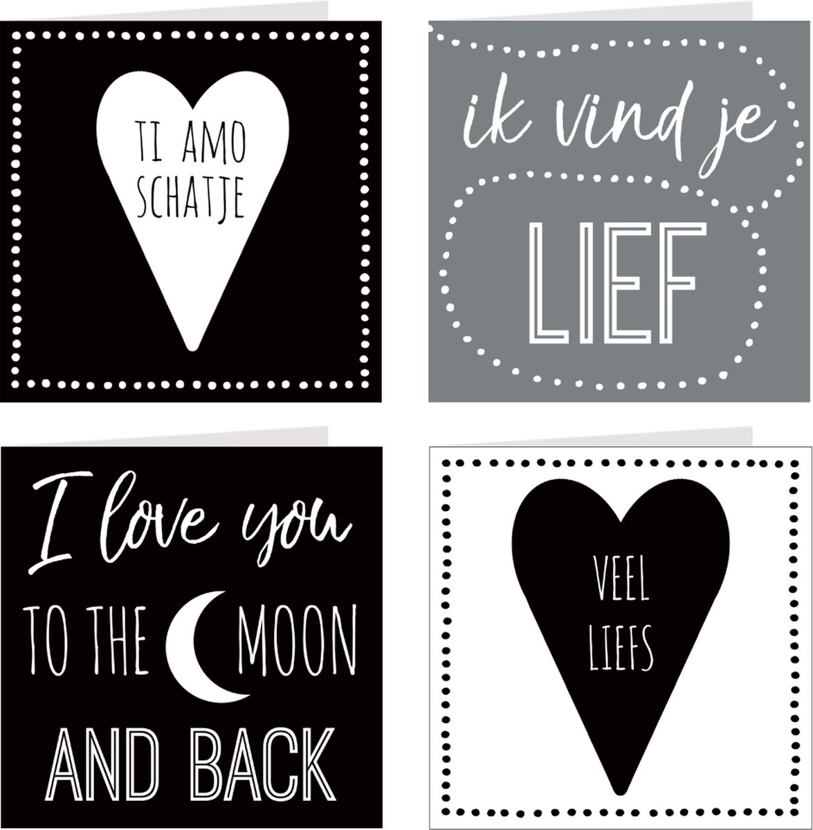 4x wenskaarten / set kaarten en enveloppen | LIEFDE | o.a. I love you / veel liefs / ti amo