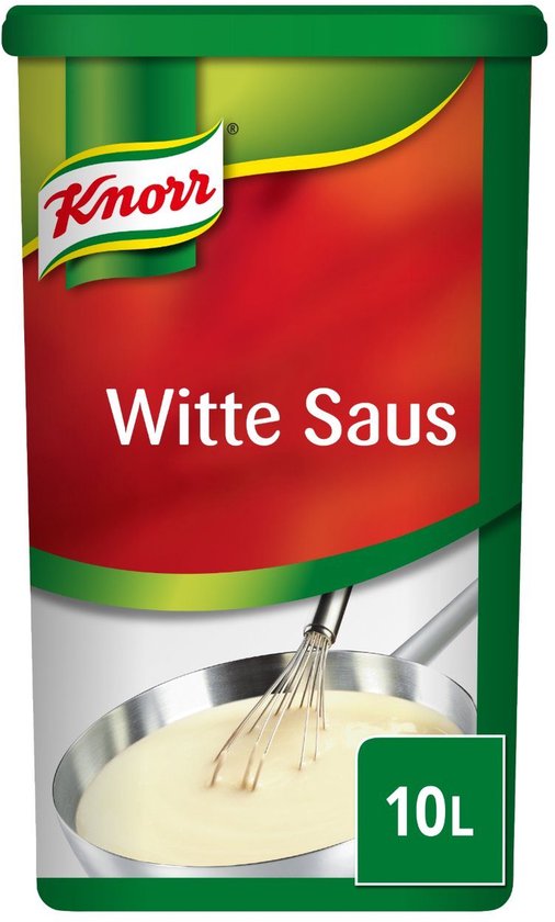 Sauce blanche Knorr, 10L. Sauce blanche dans une boîte rouge et verte avec le logo Knorr.