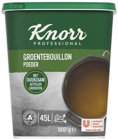 Knorr Professional Groentebouillon poeder. Groene pot met Knorr logo, tekst in wit en groen. Een pan met bouillon rechts.