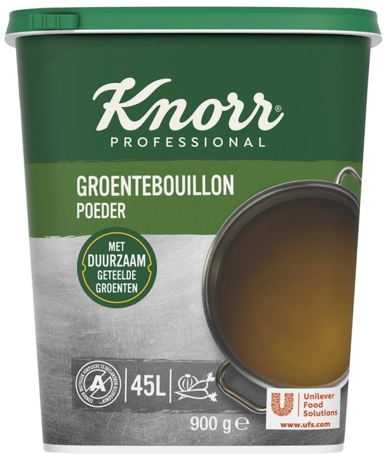 Knorr Professional Groentebouillon poeder. Groene pot met Knorr logo, tekst in wit en groen. Een pan met bouillon rechts.