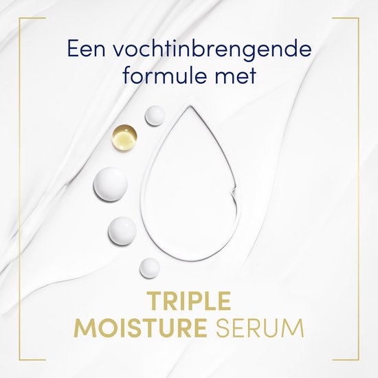 Een druppelvormige waterige textuur met kleine witte bollen en een gouden druppel.