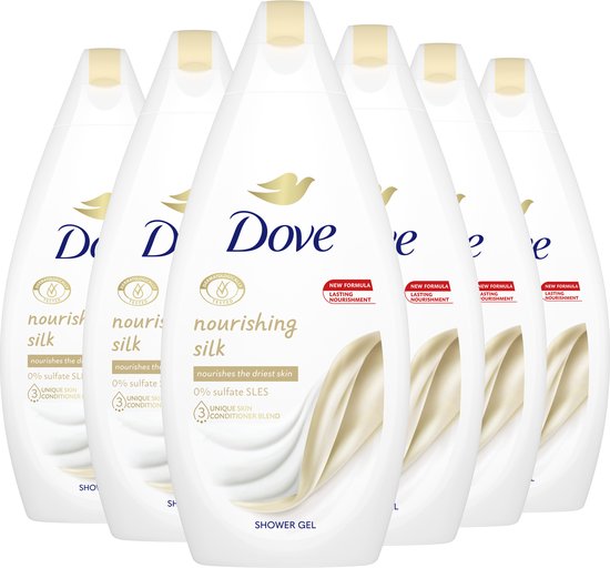 Dove Nourishing Silk douchegel, 6x 450ml. Witte flessen met gouden accents en afbeeldingen van zijde.