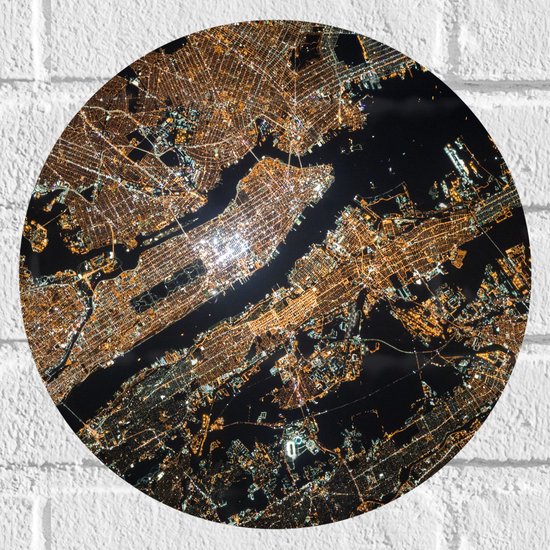 Muursticker Cirkel - Sattelliet Foto van Verlichte Stad - 30x30 cm Foto op Muursticker