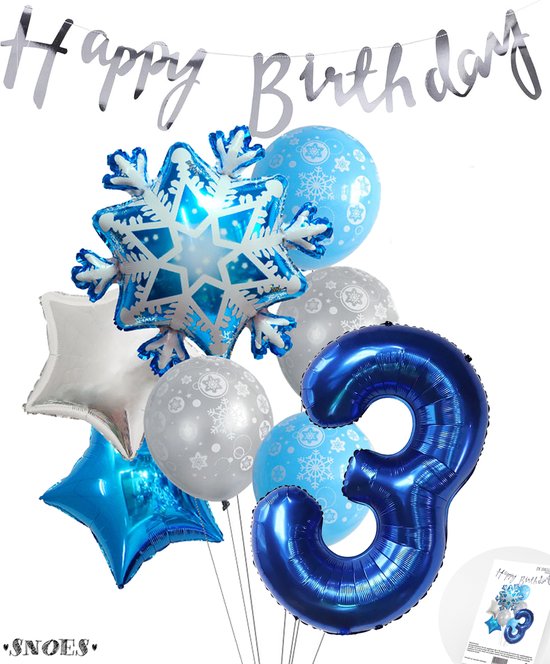Cijferballon 3 Blauw - Frozen - Ijssterren - Ballonnen Pluspakket - Slinger Feestvieren - Verjaardag Snoes