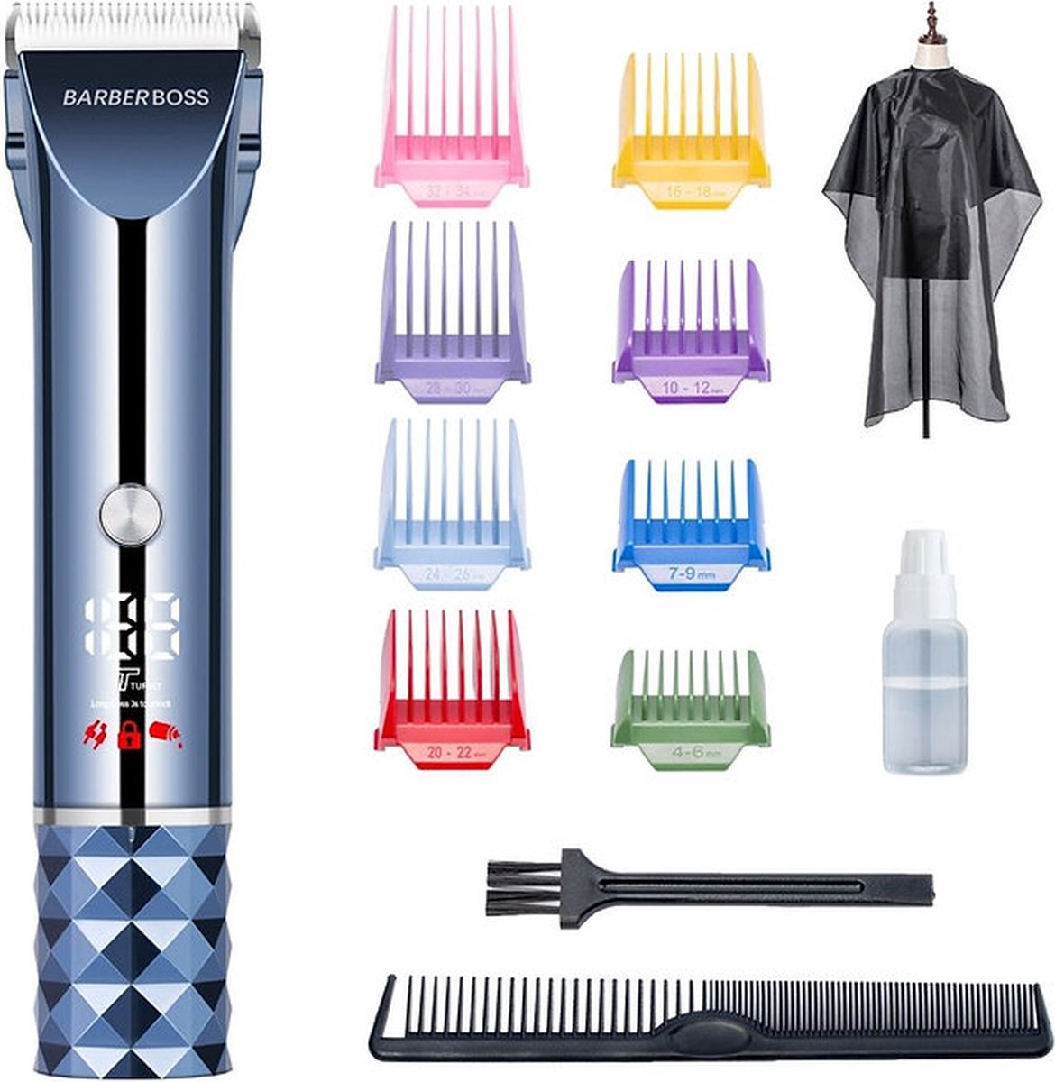 Barberboss Professionele Tondeuse QR-2091 - Hair Clipper - Draadloze Haartrimmer - LED-display - Incl. Schort en opzetstukken