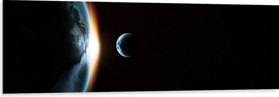 Dibond - Maan langs de Aarde in het Heelal - 150x50 cm Foto op Aluminium (Wanddecoratie van metaal)