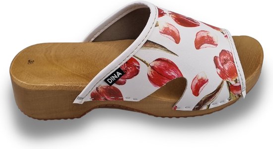 Houten sandalen met upper van leer - Rode tulpen print - veel grip en comfortabele instap - maat 35