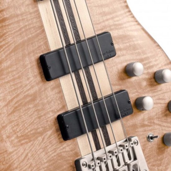 Close-up van de pickups en snaren van een basgitaar met een esdoorn body.
