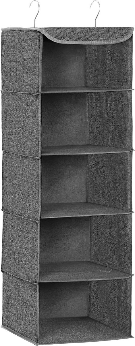 Hoppa! Hangorganizer, kastorganizer, hangrek, hangopslag, opvouwbaar en ruimtebesparend, metalen haken en bamboe-inzetstukken, linnenachtige textuur, grijs