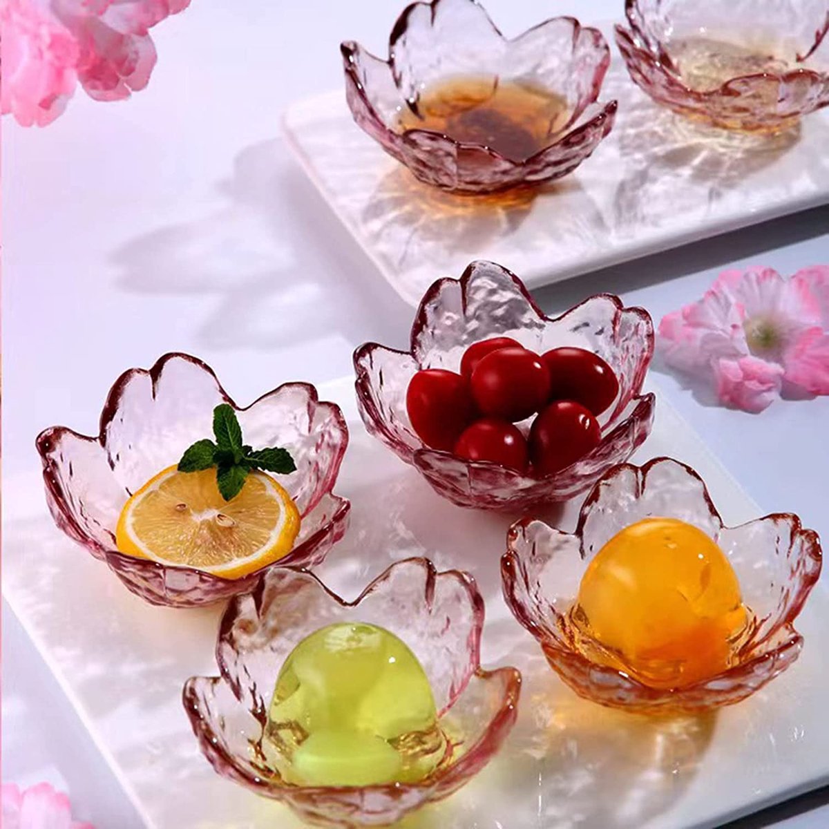 OnePine Set van 2 roze sakura kommen, 54 ml glazen kleine ijsschalen, hoogte 4 cm glazen dessertbekers, dipschalen, klein, kleine glazen schalen voor dessert, ijs, fruit, pudding, sushi en sauzen, enz