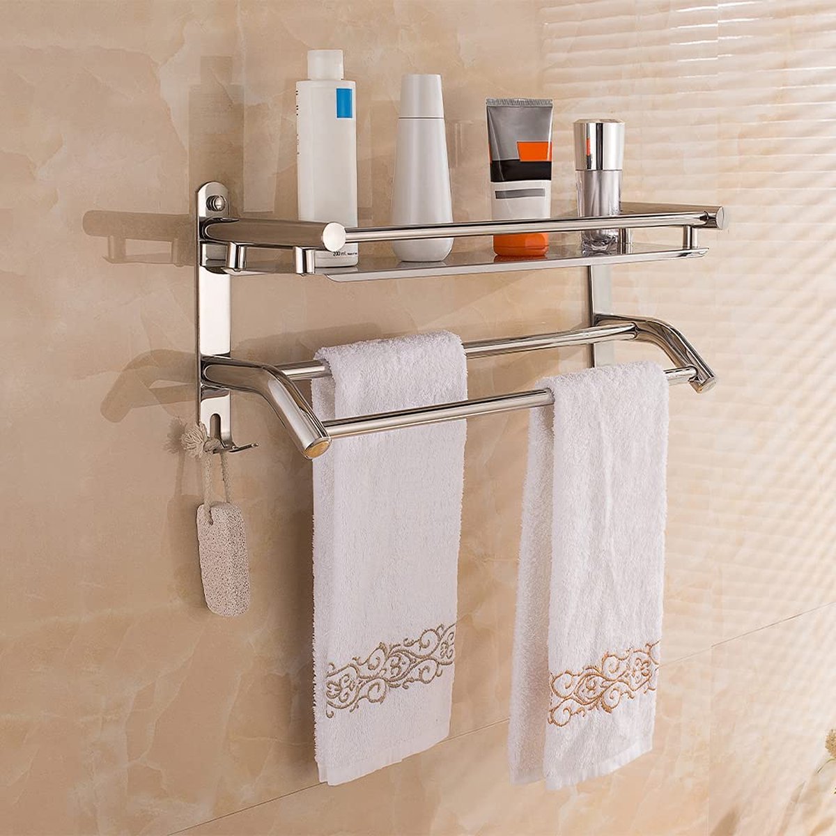 Handdoekstang chroom handdoekstang roestvrij staal met planchet en haak handdoekstang badkamer 59 cm handdoekstang voor badkamer keuken toilet