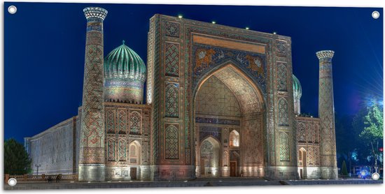 Tuinposter – Sher Dor Madrasah Tempel in Oezbekistan - 100x50 cm Foto op Tuinposter (wanddecoratie voor buiten en binnen)