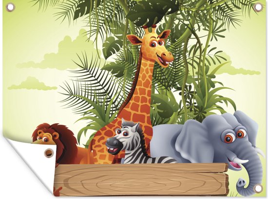 Muurdecoratie buiten Jungle dieren - Natuur - Planken - Kinderen - Giraffe - 160x120 cm - Tuindoek - Buitenposter