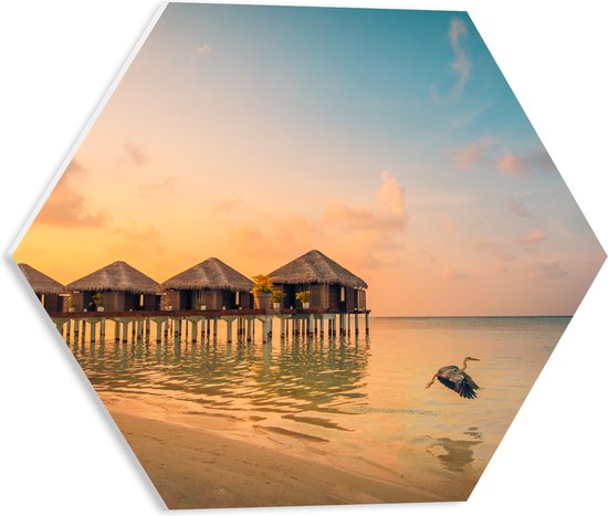 PVC Schuimplaat Hexagon - Luxe Vakantieverblijven boven de Zee aan de Maledieven - 40x34.8 cm Foto op Hexagon (Met Ophangsysteem)