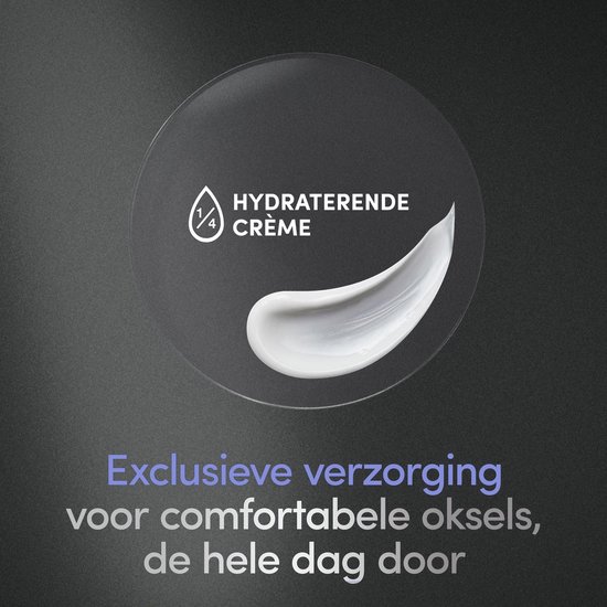 Een veeg witte crème met "Hydraterende crème" tekst en "Exclusieve verzorging voor comfortabele oksels"