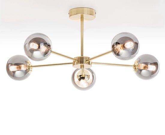 Industriële goudkleurige plafondlamp met smoke grijs glas met spiegeleffect, 5-lichts - Leah