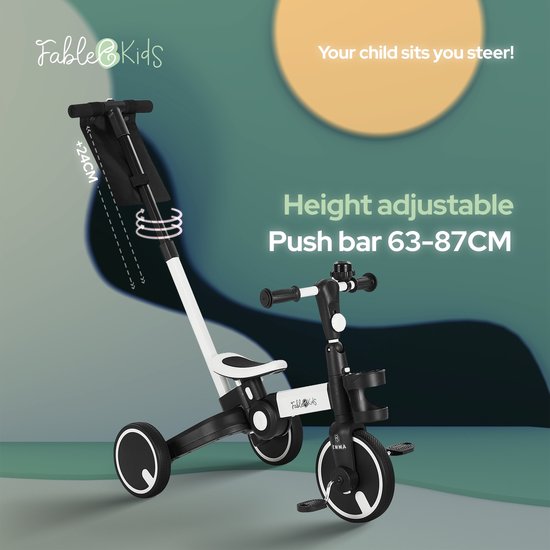 FableKids 5in1 Dreirad Noemi mit Schubstange ab 18 Monate bis 25kg, Vorwärts und Rückwärtsfahrt, PU-Reifen, Freilauf geräumiger, Korb, Tasche, Getränkehalter